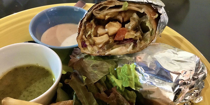 Vegan sweet and vinegar mushroom burrito hideout burrito