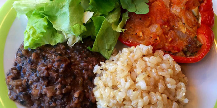 vegan stuffed pepper, lentils, rice and salad