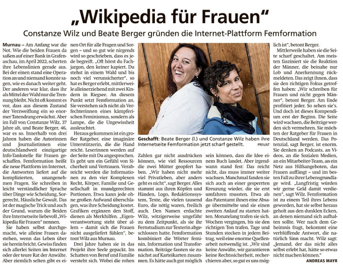 Zeitungsartikel über Femformation Gründerinnen Beate Berger und Constanze Wilz