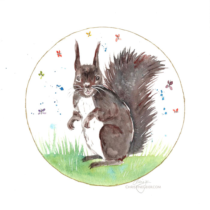 Eichhörnchen, Hörnchen, squirrel, Aquarell, Original, Kunstwerk, watercolour, watercolor, Illustration, Aquarellbild, contemporaryart, zeitgenössische Kunst, Schmetterlinge, Kinderillustration, Kinderzimmer