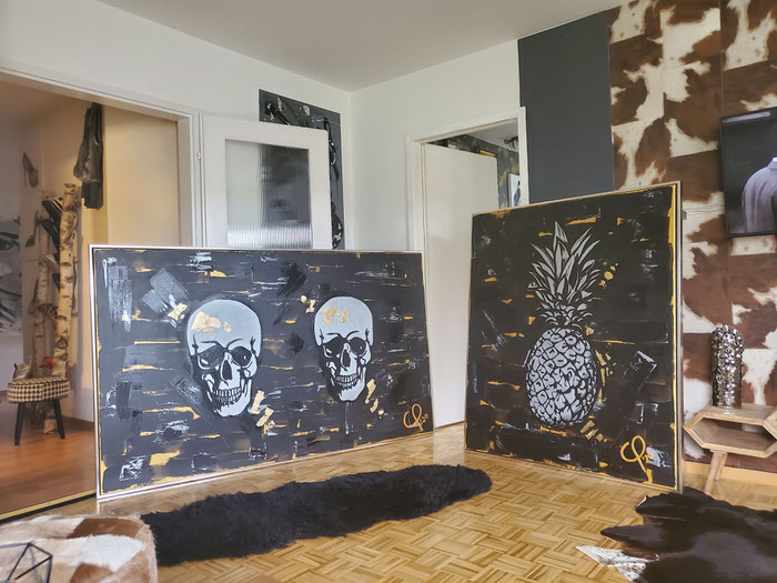 Totenköpfe und Ananas/ Acryl auf Leinwand/200x120cm/120x140cm/Schwarz/Gold/Silber