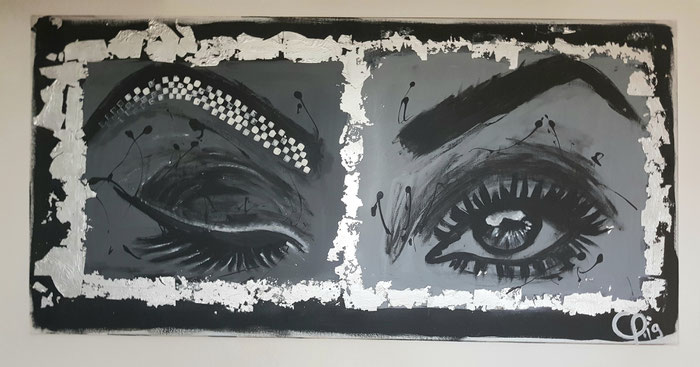 "Eyes" CP´19 in 50x120x2cm, Acryl auf Leinwand mit echtem Blattsilber (Preis auf Anfrage)