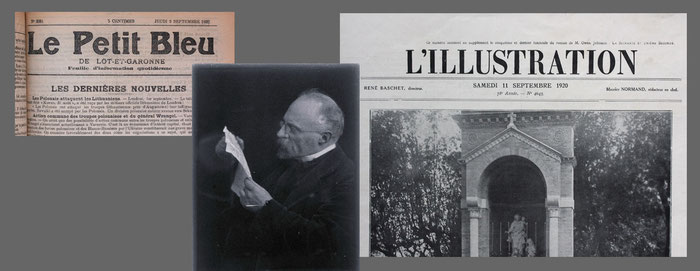 Un journal local et un magazine national publient une nécrologie concernant Louis Ducos. Au centre, un portrait de Lacroix à l'âge qu'il pouvait avoir en 1920.