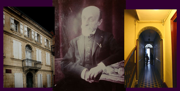 Extérieur et intérieur de la maison de la rue Lamouroux, encadrant un des tout-derniers portraits de Ducos (origine inconnue) dont le musée d'Agen possède un tirage.