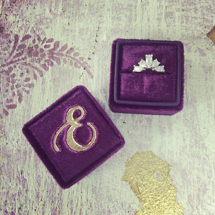 Bespoke handmade velvet monogrammed artisan ring box by Bark and Berry for Emma Hedley Jewellery