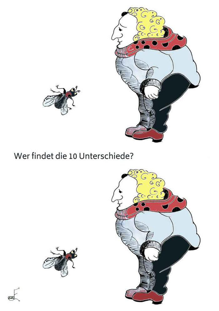 10 Unterschiede - Fehler-Suchbild (farbig) von BilderJaeger: Mann, der auf Fliege schaut