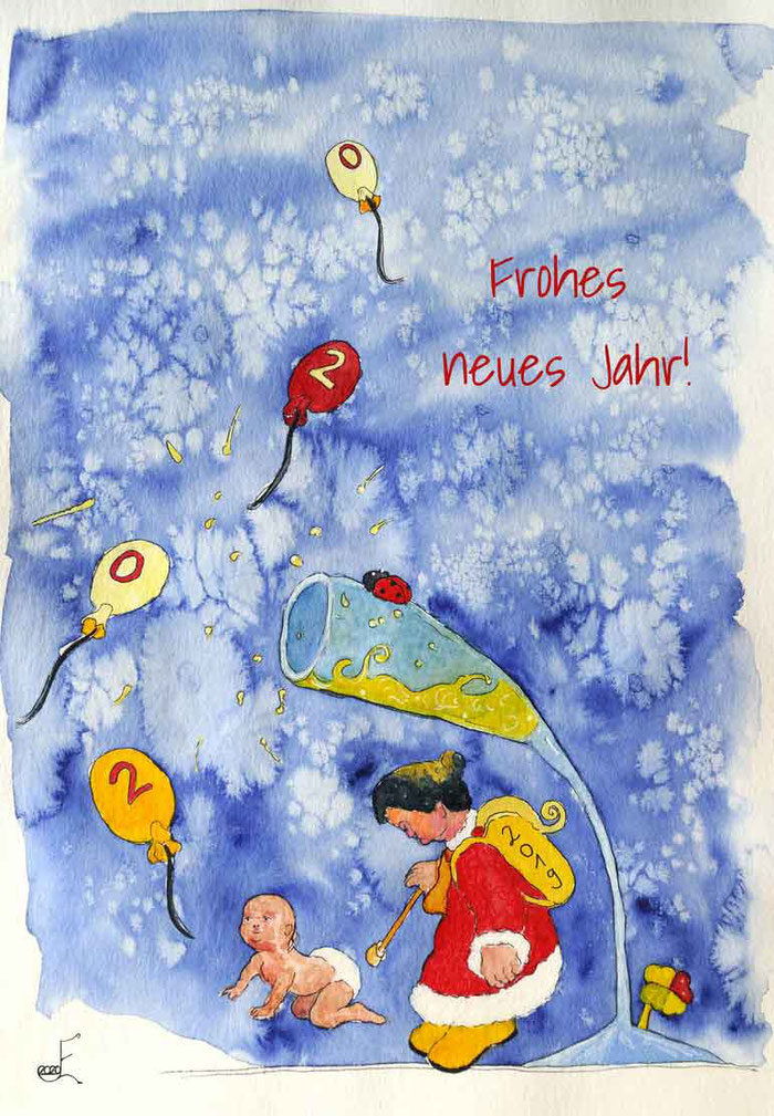 Frohes Neues Jahr! Bilder-Jaeger Neujahrsgruss 2010, Aquarell, alte Frau mit Stock und unter Last des Rucksackes mit dem Jahr 2019 und Baby, das erwartungsvoll nach oben blickt, wo Luftballons den Pfad des neuen Jahres vorzeichnen