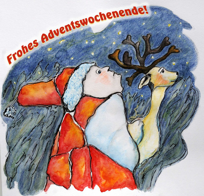 Frohes Adventswochenende! Bilder-Jaeger Zeichnung mixed media Adventsgruss Nikolaus und Rentier