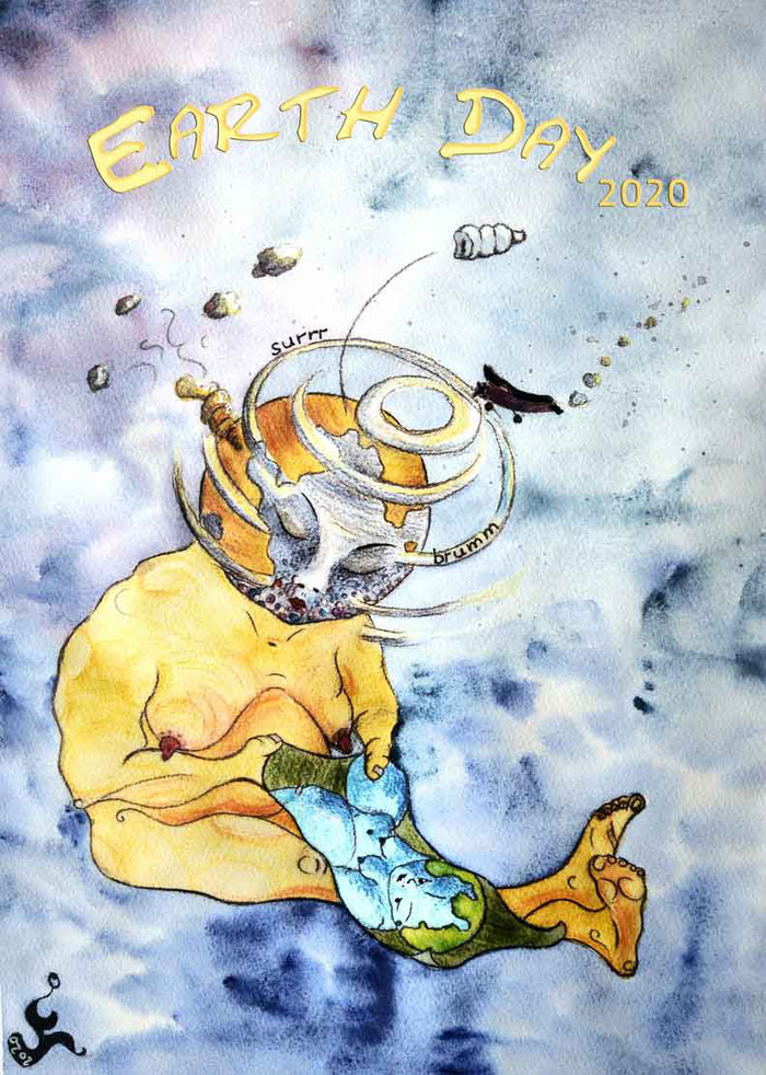 Bilder-Jaeger-ARTs Aquarell kranke Mutter Erde mit Bild in den Händen, das sie selbst in besseren Zeiten zeigt, Earth Day, Tag der Erde 2020