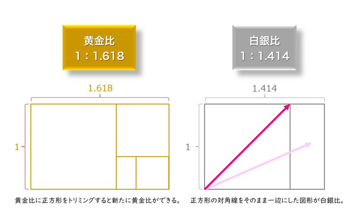 黄金比と白銀比のわかりやすい解説図です。1：1.618を説明しています。