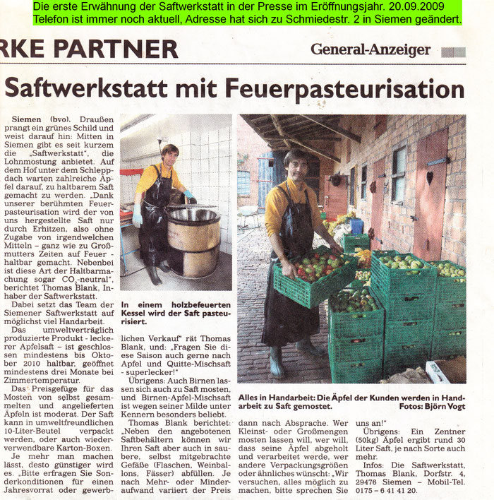 Die erste Erwähnung der Saftwerkstatt in der Presse im Eröffnungsjahr. 20.09.2009