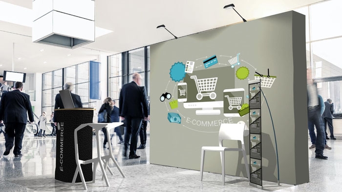 Messestand-Set gebogene Faltwand mit Stoffgrafik Messetheke mit Stoffgrafik