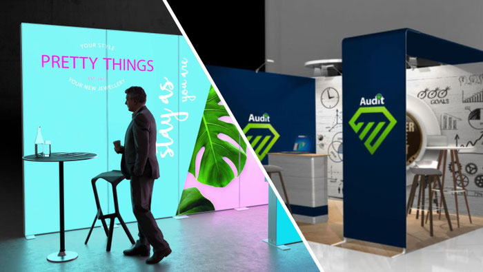 Contour Messestand-System aus Aluminium-Rohstruktur mit Textilgrafik