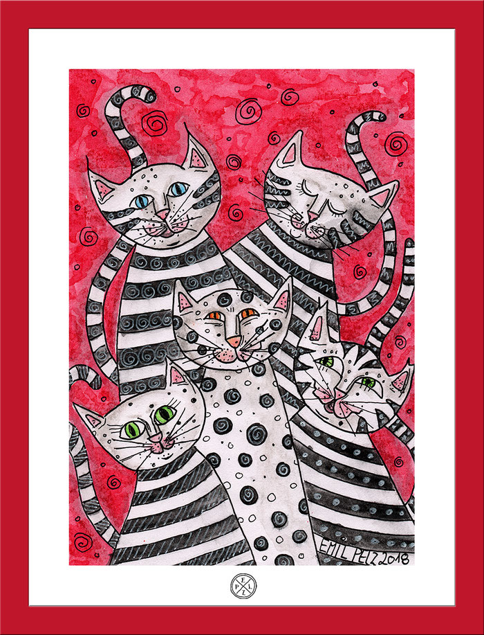 Exponattitel: Das Treffen der fünf Katzen - Exponatgröße: 15 x 21 - Art: Tusche- und Aquarellmalerei - Signatur: datiert, signiert - Copyright by Emil Pelz 2018