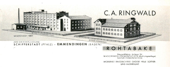 Briefkopf der Firma C.A. Ringwald mit den beiden Standorten Schifferstadt (l.) und Emmendingen (r.).