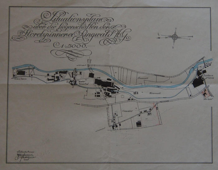Plan mit dem parallel zur Ergolz laufenden Kanal und den Fabriken. Bild: Staatsarchiv Basel-Landschaft PA 6124