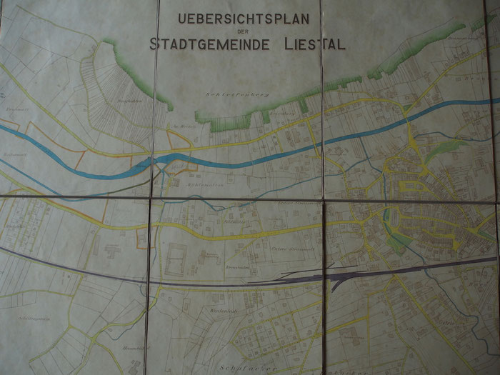 Stadtplan von Liestal aus dem Jahr 1928. Deutlich sieht man, wie die Kanäle verliefen. Beim Kessel zweigte der Kanal in Richtung Schönthal ab. Bild: Staatsarchiv Basel-Landschaft PA 6124.05.10.03