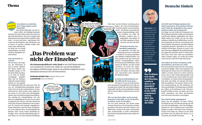 Für Liberal - das Magazin für die Freiheit zeichnet Niels-Schröder eine doppelseitige Comic-Geschichte über die Lebenserfahrungen einer sächsischen Bürgermeisterin.