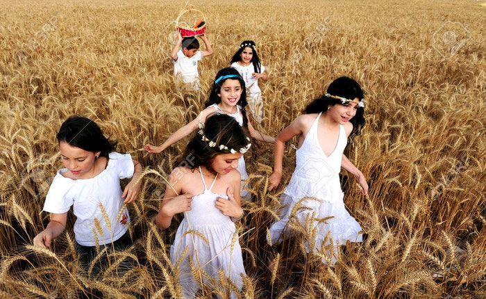 Kiryat Gat - 24 de mayo: las niñas israelíes y niños en un campo de trigo celebrar el día de fiesta judío de Shavuot