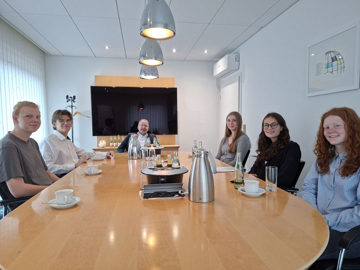 Strategietreffen: Vorstand und Aufsichtsrat der Schülergenossenschaft im Austausch mit der Volksbank über neue Produkte und Investitionen.).