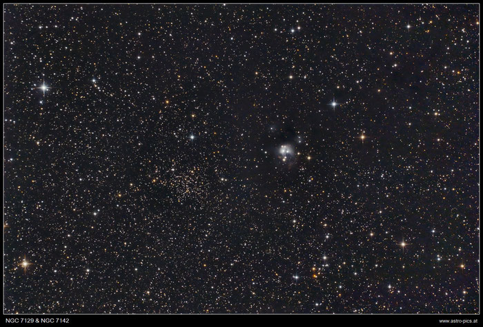 NGC 7129 & NGC 7142, Reflexionsnebel und offener Sternhaufen im Kepheus, aufgenommen mit Canon EOS 1000Da und Skywatcher Newton 150/750 mm