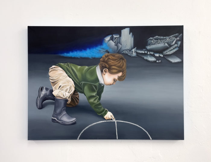 Franka Burde, Eine Kindheit im Nationalsozialismus IV, Öl und Pastell auf Leinwand, 80 x 110 cm, 2025