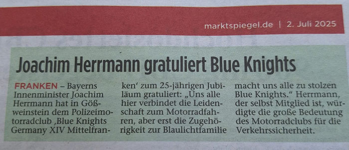 Blue Knights® Germany XIV Mittelfranken e.V.  Polizei-Motorradtouren-Club, Fränkische Schweiz, Bayerisches Staatsministerium, Innenminister Joachim Herrmann, Blue Knights 14 Mitglied Innenminister Joachim Herrmann, LayOut: Peter Dorsch Bayreuth "Grisu" 
