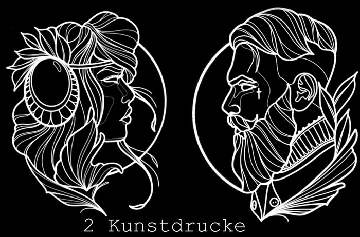 2 mal A4 Kunstdrucke mit Frau und Mann als Portrait Steampunk - Tattoo Art