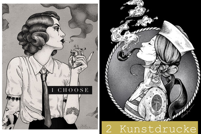 2 mal A4 Kunstdrucke mit Frau die weint und Seemannsfrau - Tattoo Art