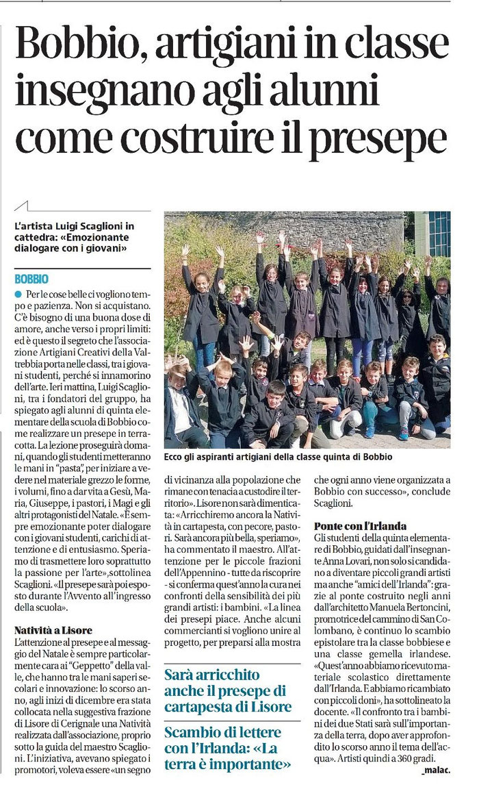 quotidiano Libertà - mercoledì 11 ottobre 2017 Bobbio, artigiani di ArTre in classe insegnano agli alunni come costruire il presepe