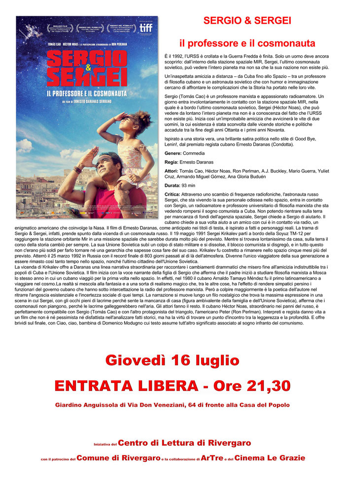 Rivergaro: Cinema sotto le Stelle estate 2020 - secondo appuntamento giovedì 16 luglio ore 21,30 - SERGIO & SERGEI – Il professore e il cosmonauta