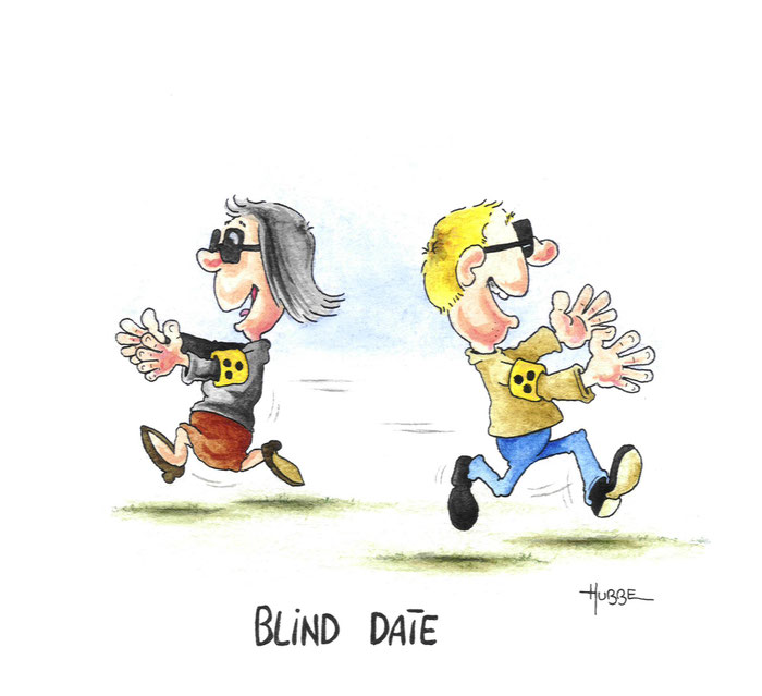 Cartoon: Blind date. Ein blinder Mann und eine blinde Frau laufen  lachend und mit freudig ausgestreckten Armen... aneinander vorbei. Cartoon von Phil Hubbe