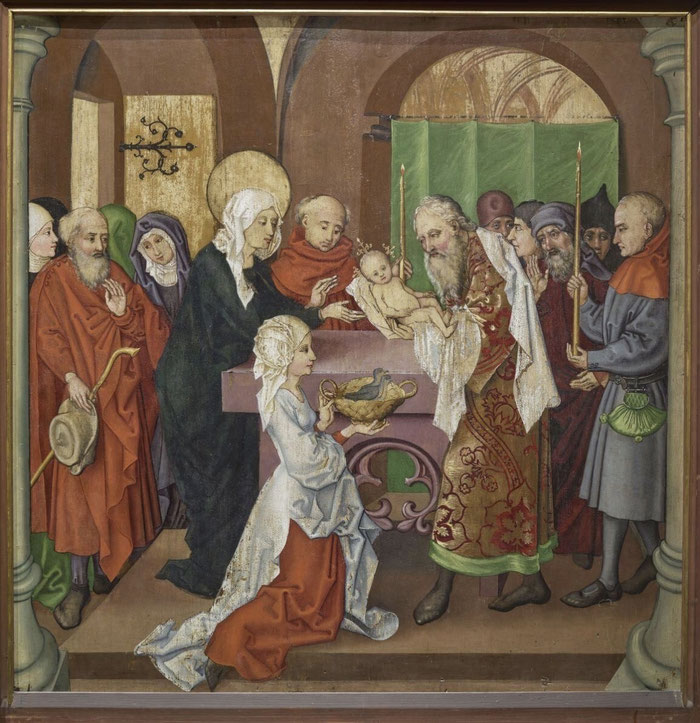 Présentation de Jésus au Temple, célébrée le 2 Février. Un panneau peint par Martin Schongauer et son entourage, Retable des Dominicains : Enfance et Passion du Christ, vers 1480, Musée Unterlinden, Colmar    