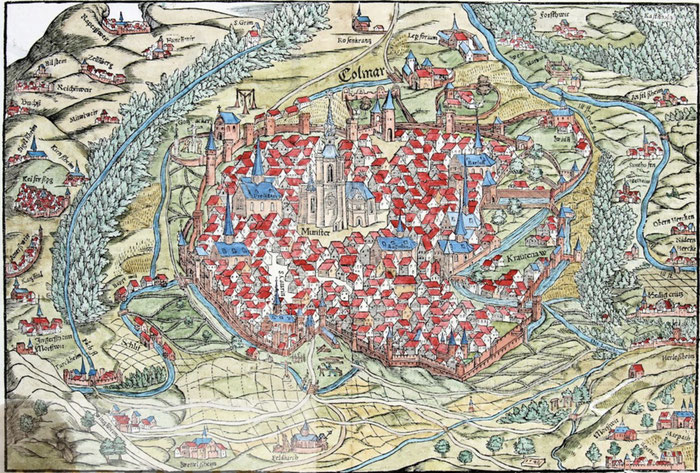 Vue générale de Colmar, publiée en 1552 d'après la Cosmographie de Sebastian Münster, 