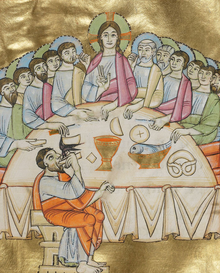 La sainte Cène, enluminure provenant d'un manuscrit ottonien réalisé vers 1030 - 1040, The J. Paul Getty Museum Los Angeles. Cette enluminure contient ce qui peut être l'une des premières représentations du bretzel symbolisant ainsi la vie éternelle.