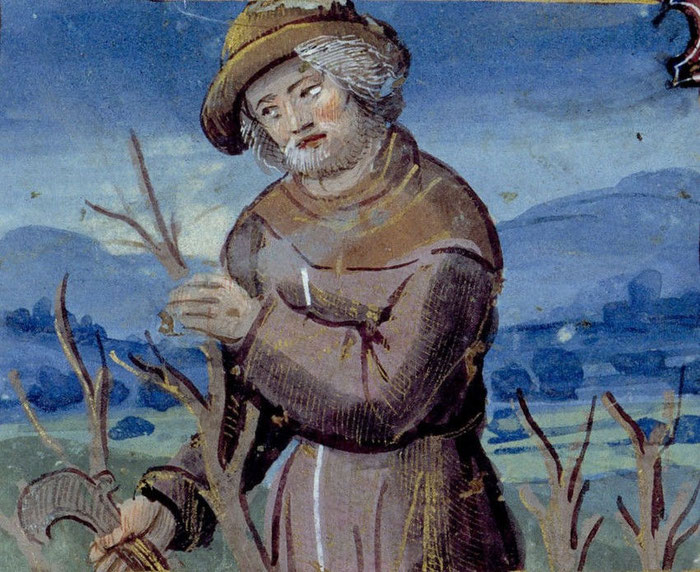 Taille de la vigne, dans les Heures à l'usage de Rome, fin XVe siècle, Ms 134, folio 3. Bibliothèque municipale d'Angers