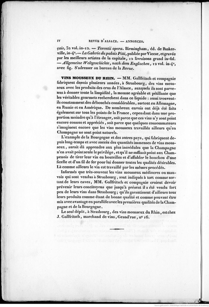 Revue d'Alsace, 1834 , promotion des vins mousseux du Rhin, source : gallica, Bibliothèque nationale et universitaire de Strasbourg, M.34.187