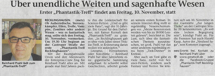 Vorbericht zum Phantastik Treff Recklinghausen in der Recklinghäuser Zeitung am 20.10.2017 und 04.11.207 in der Dattelner Morgenpost