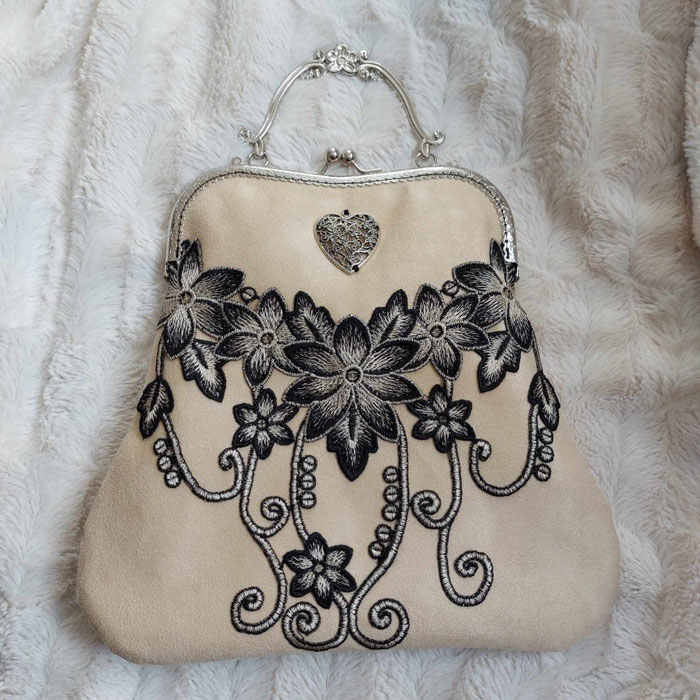 SAC À MAIN POCHETTE FERMOIR SUÉDINE SABLE RÉTRO DENTELLE DE fleurs MARIAGE coeur FAIT MAIN L' ARCHE DE JESSICA