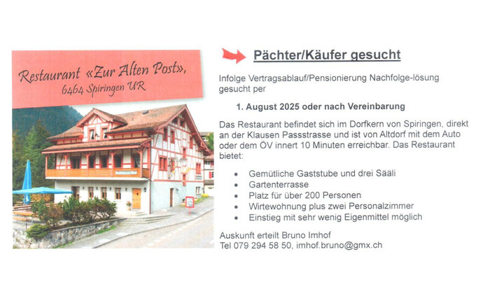 Herzlich willkommen auf der Homepage unseres traditionsreichen Restaurants am Klausenpass.  Aktuell befindet sich der Betrieb in einer sanften Renovationsphase:  Die Heizung wurde erneuert und an den Wärmverbund Spiringen angeschlossen  Im Saal sowie in d
