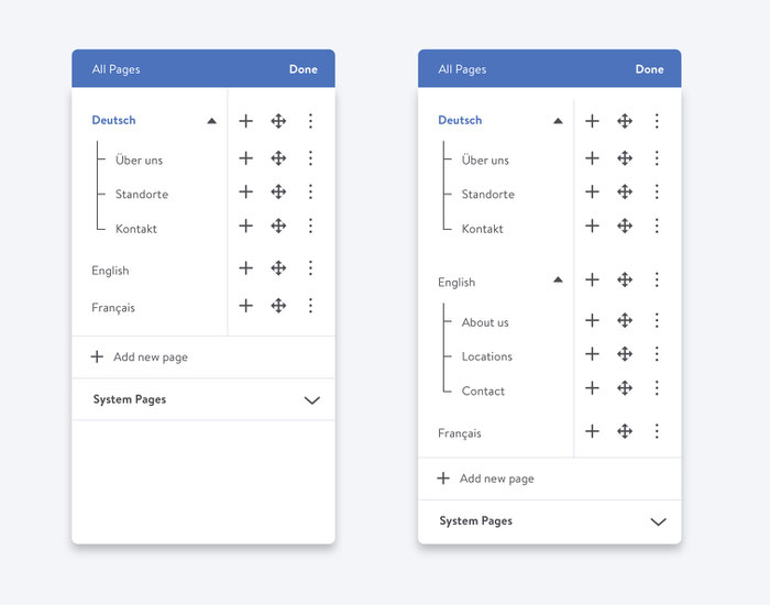 Exemple de menus de navigation d’un site multilingue avec pages dupliquées