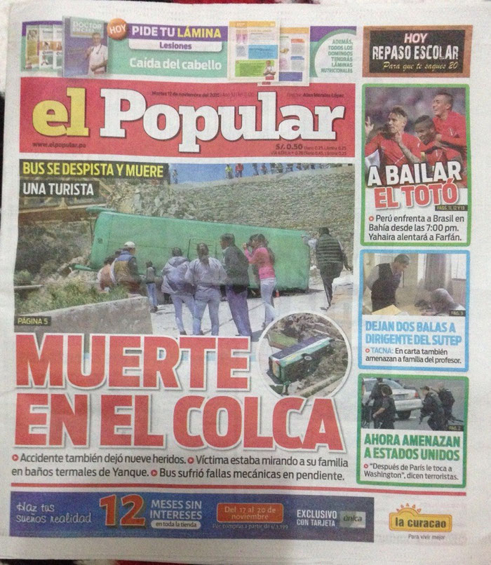 Das Unglück auf Seite 1 der Zeitung in Arequipa