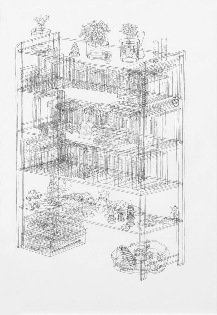 Bücherregal, 2024, Bleistift auf Papier, 60 x 42 cm. Foto: Matthias Ritzmann