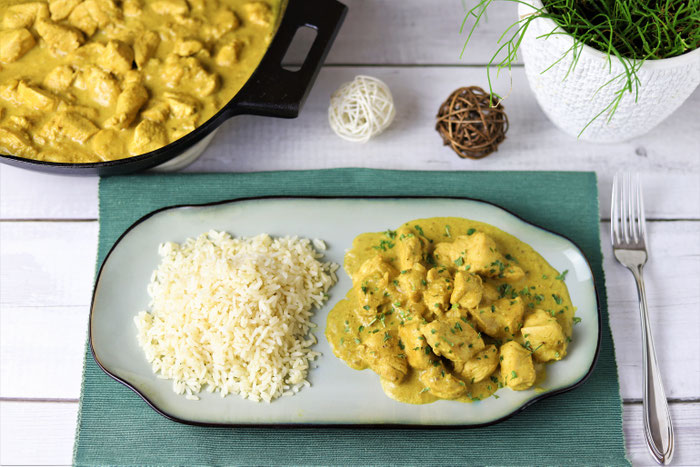 Indisches Curry mit Hähnchen Chicken aus der gusseisernen Pfanne von Pampered Chef im Onlineshop