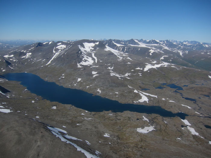 View from the helicopter to Laptavakkjavrre with the Sarek mountains in the background