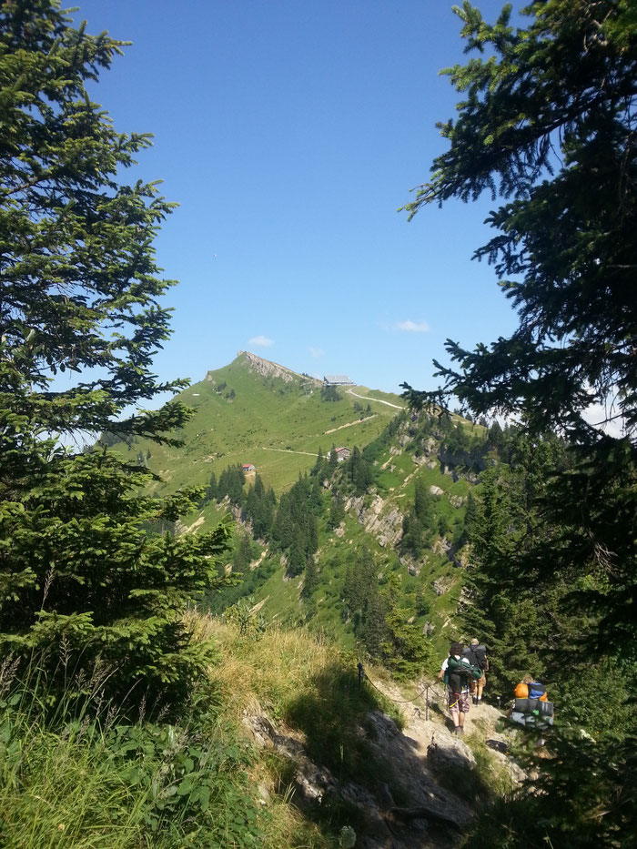 Auf dem Nagelfluh-Gratweg. Der höchste Punkt in Bildmitte ist der Hochgrat-Gipfel, das Ziel der Tour. Davor auf dem Grat ist die Bergstation der Seilbahn und darunter das Staufner Haus (DAV Hütte) erkennbar.