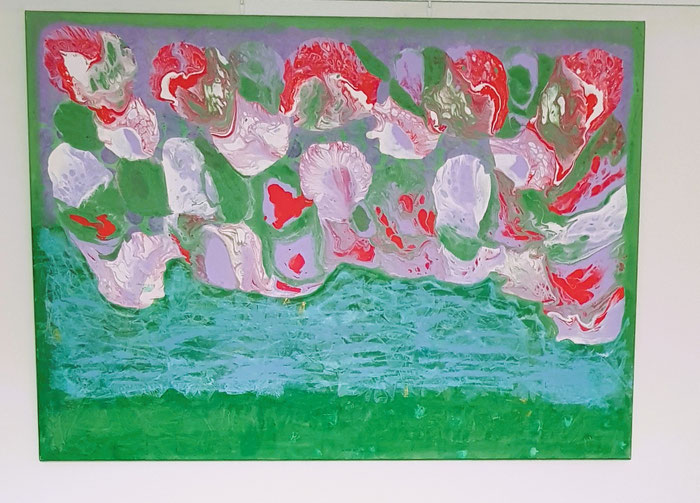 Großes Wandbild mit Seerosen abstrakt, Grün, Blau, Rot, Lila und Weiß, 140x100 cm