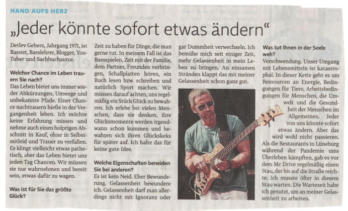 Ausschnitt des Zeitungsartikels „Jeder könnte sofort etwas ändern“ über Bassist Detlev Gebers aus der Landeszeitung Lüneburg.