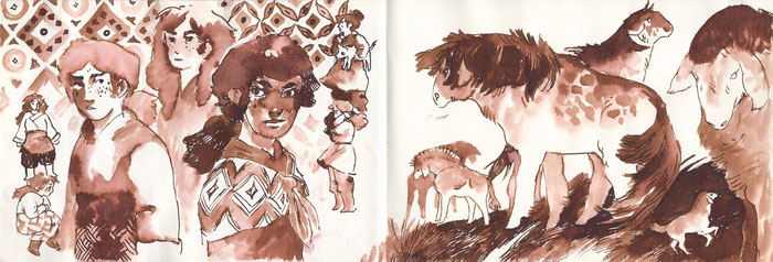 Recherches de personnages et animaux à l'encre