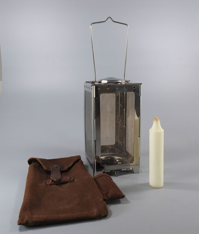 1920's SWISS ARMY FOLDING CANDLE LANTERN WITH CANVAS-LEATHER POUCH